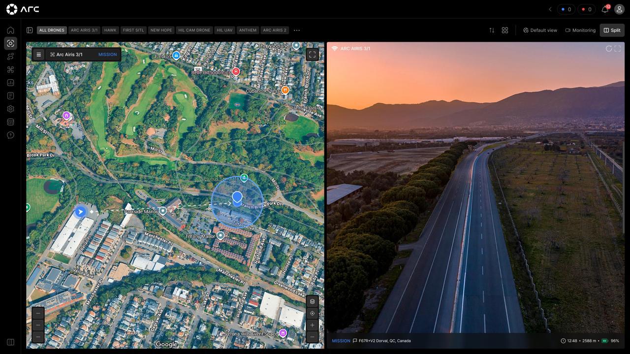 ARC Airis OS mission interface: live map and drone camera feed in split view